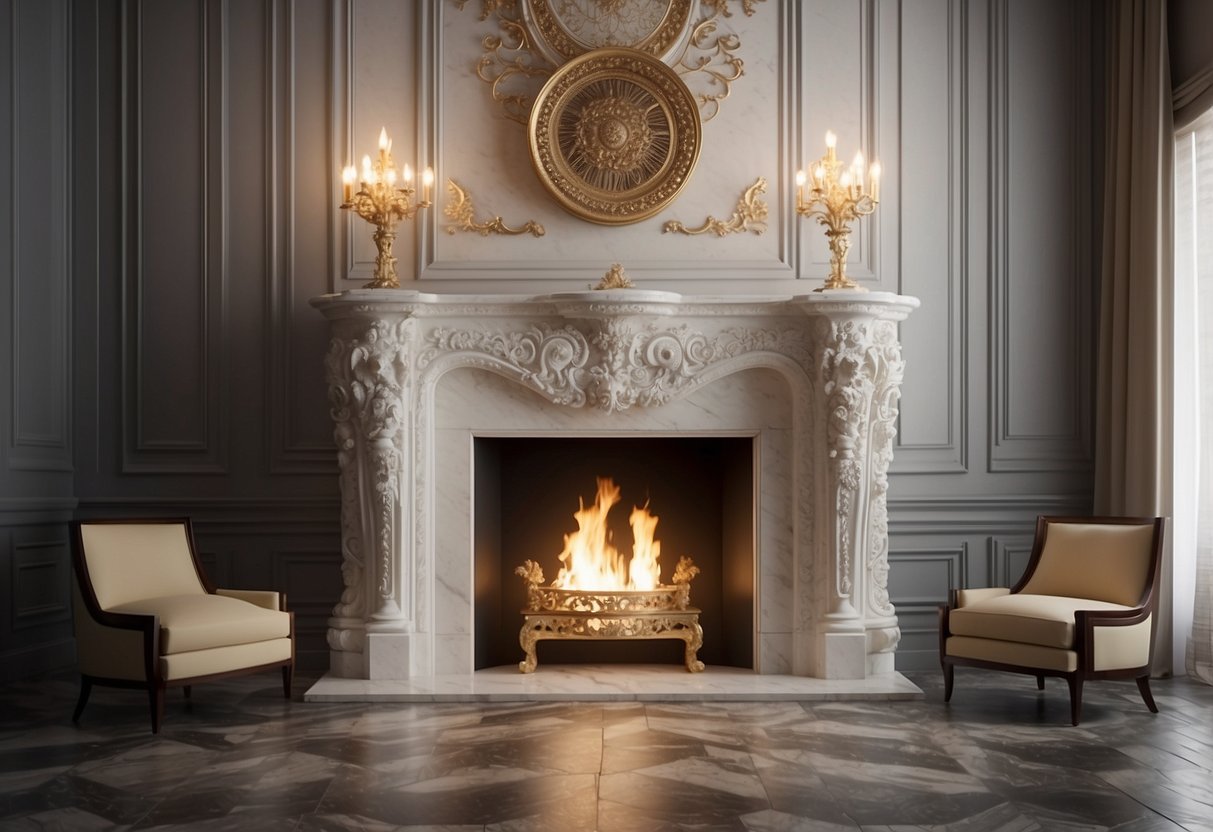 A grand marble fireplace mantel with intricate carvings, adorned with luxurious decor and elegant accessories, creating a sense of opulence and sophistication in the room