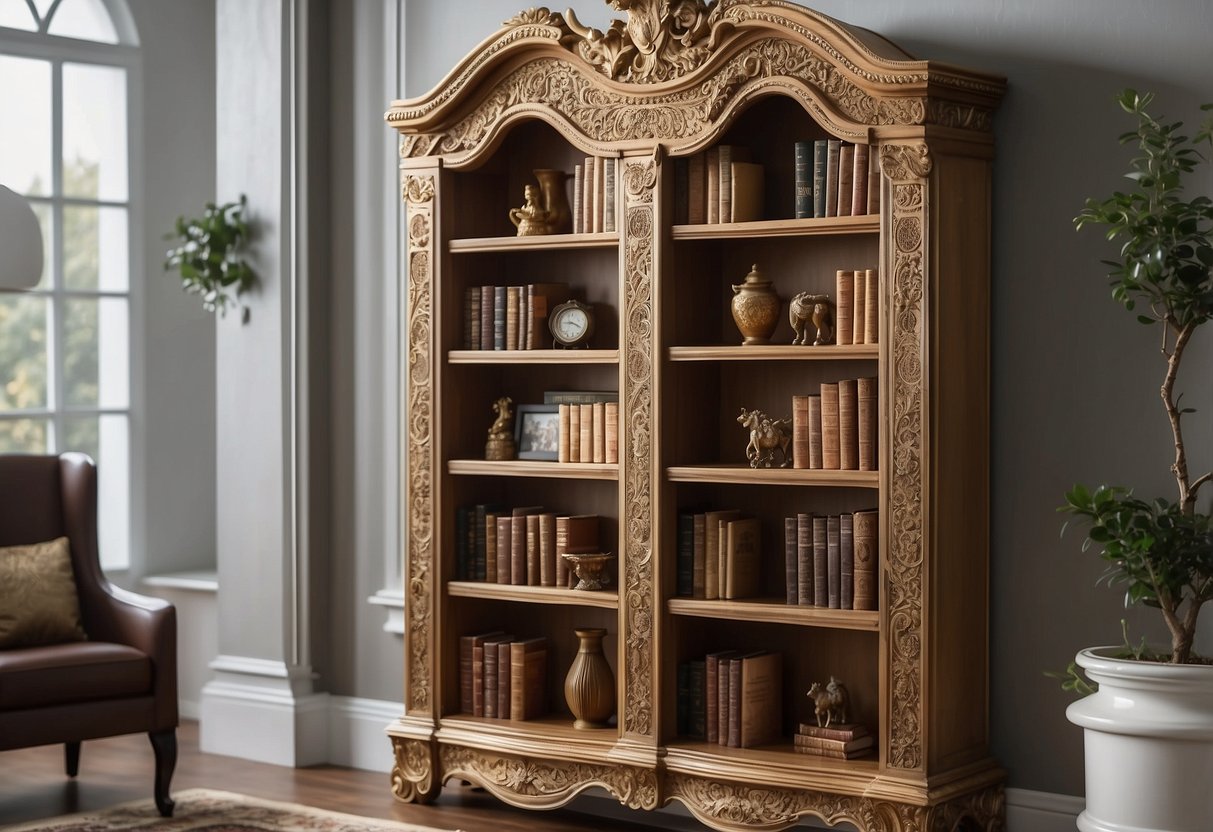 A custom-made bookcase stands tall, adorned with intricate carvings and elegant details, showcasing a collection of books and decorative items in a luxurious home setting