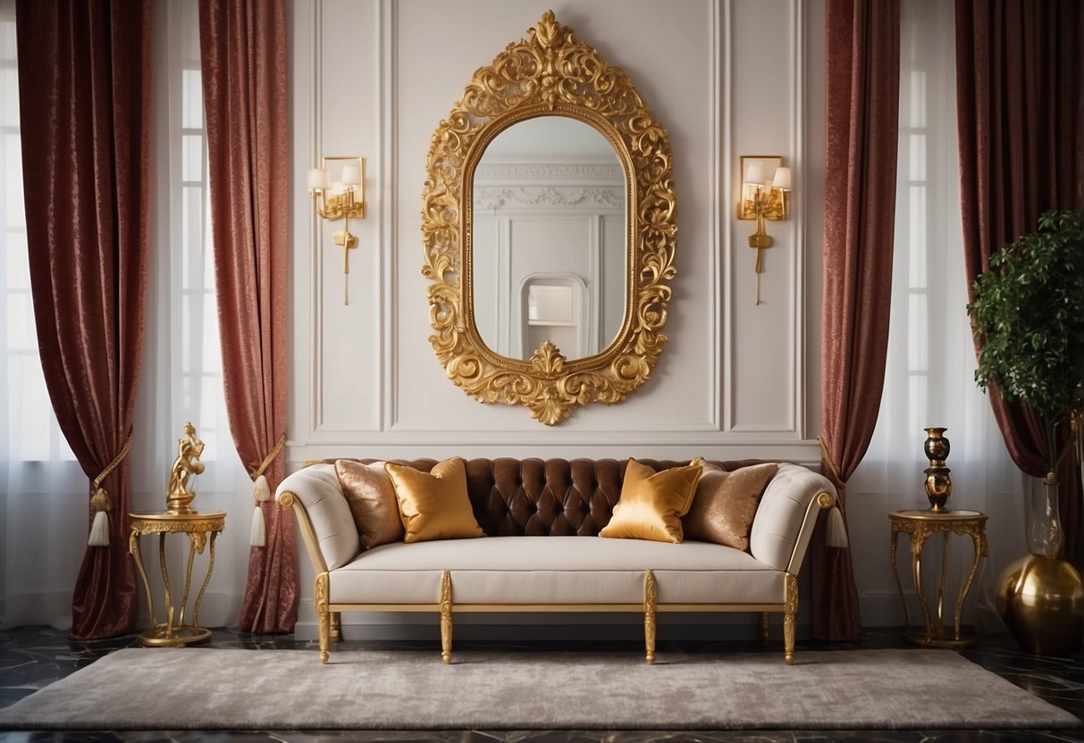 A grand gold leaf mirror hangs above a marble fireplace in a luxurious living room, reflecting the opulent decor and adding an air of elegance