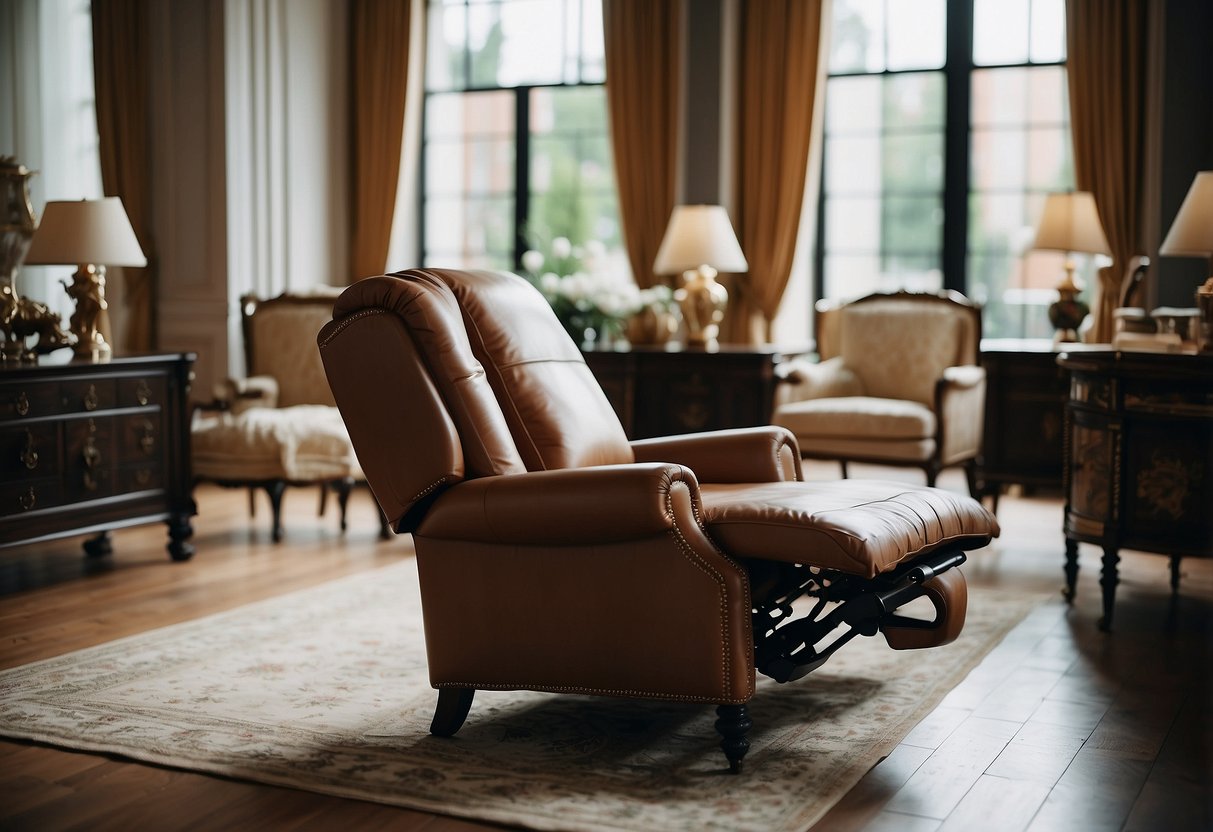 A luxurious Italian leather recliner sits in an opulent home, surrounded by rich decor and elegant furnishings