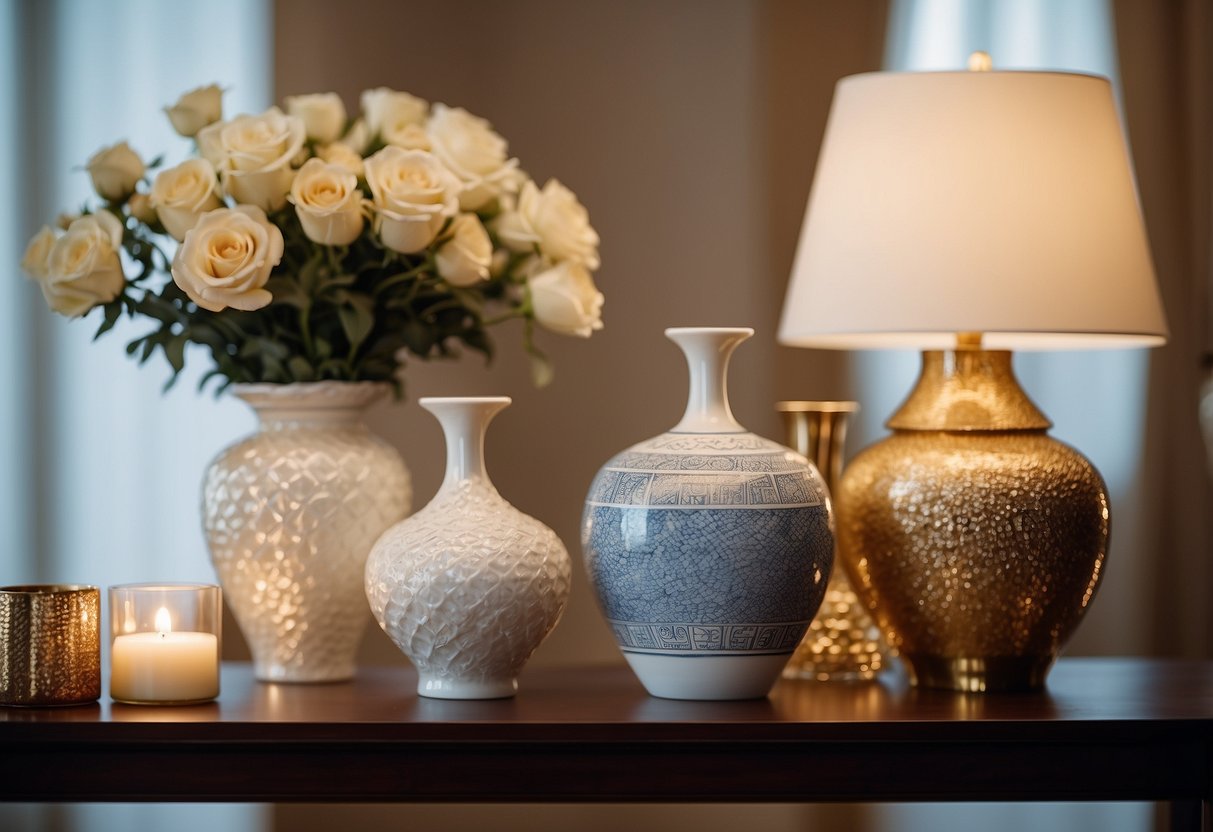 A display of elegant porcelain vases arranged on a polished wooden shelf, surrounded by soft lighting and luxurious home decor accents