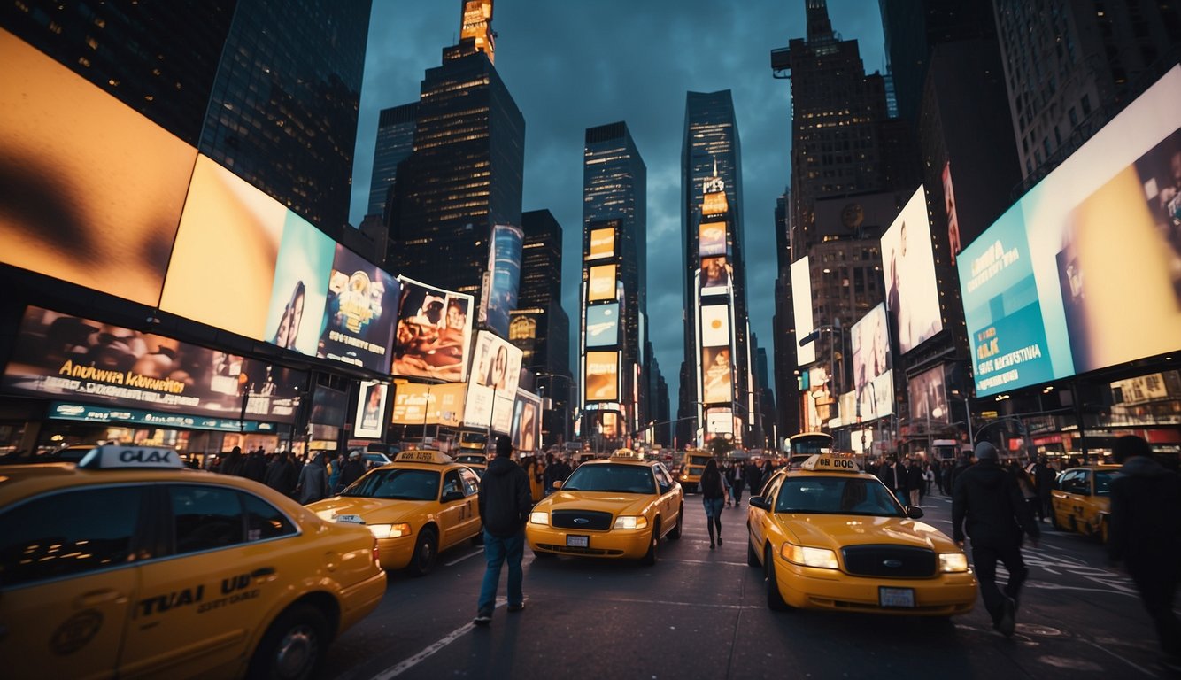 People walking in Times Square, surrounded by towering skyscrapers and bright neon lights. Taxis and buses bustling through the crowded streets