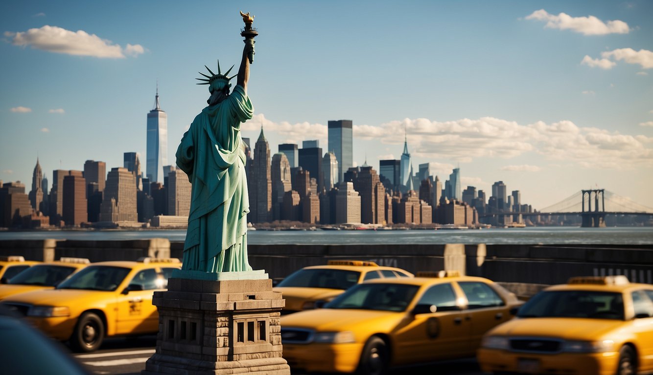 The Statue of Liberty stands tall against the Manhattan skyline, while yellow taxis weave through the bustling streets below