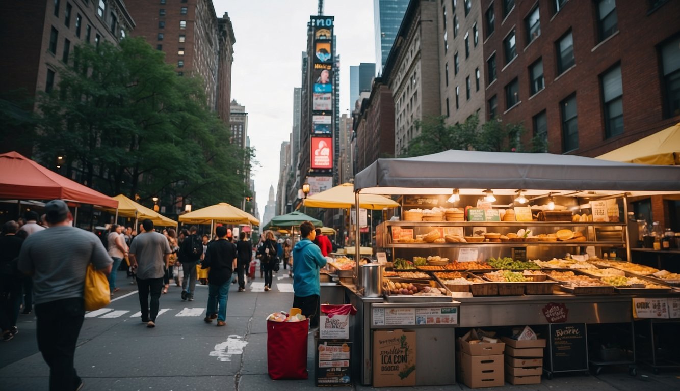 A bustling street in NYC with diverse food vendors, live music, and colorful street art. Tall buildings and iconic landmarks fill the skyline