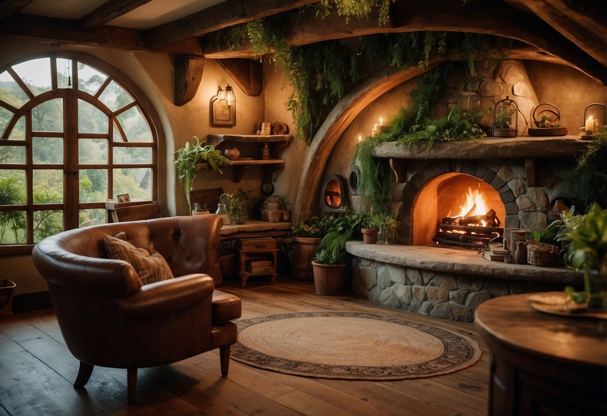 A cozy hobbit hole with round door, lush greenery, and rustic furniture. A map of Middle-earth adorns the wall, with a fireplace and shelves filled with Tolkien books