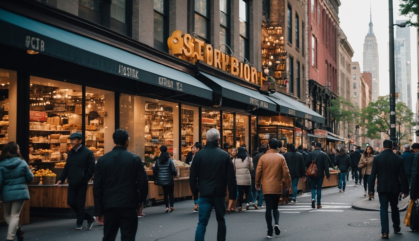 Busy New York City street with colorful storefronts, bustling crowds, and iconic landmarks in the background