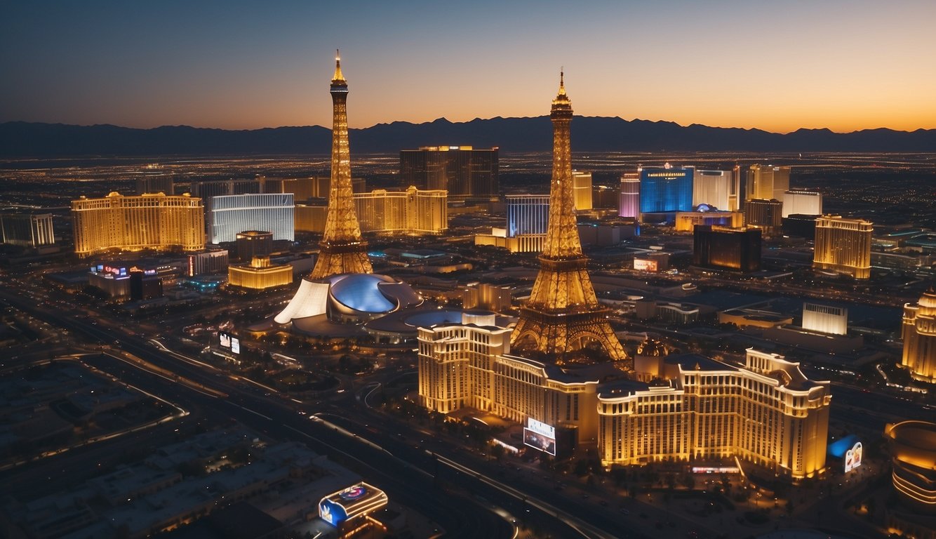 Aerial view of Las Vegas Strip with iconic luxury hotels and their dazzling, illuminated facades