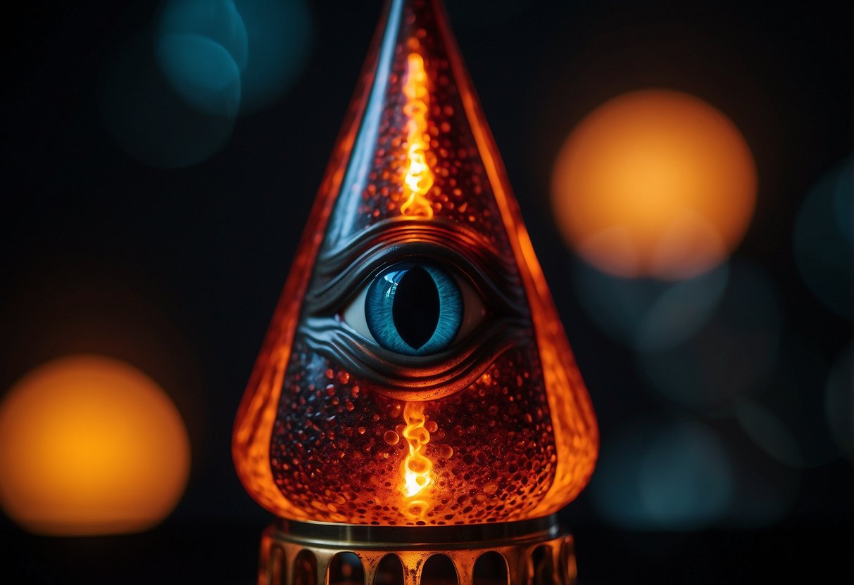 A lava lamp shaped like the Eye of Sauron, surrounded by dark, fiery decor inspired by Mordor from Lord of the Rings