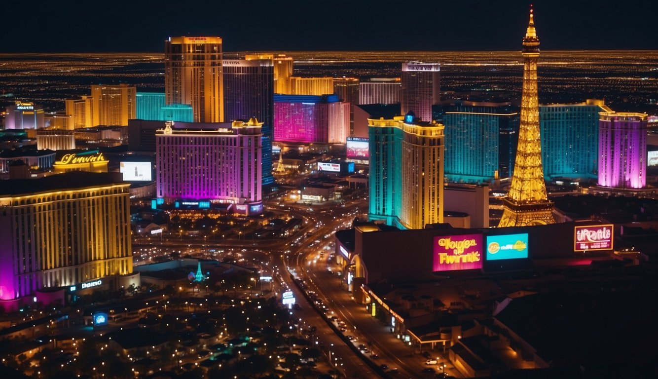 A colorful Las Vegas skyline with budget-friendly hotel signs illuminating the night