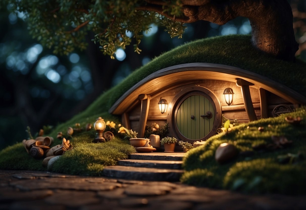 A cozy hobbit hole with an Elven Leaf Night Light glowing softly, surrounded by Lord of the Rings inspired decor and earthy, natural elements