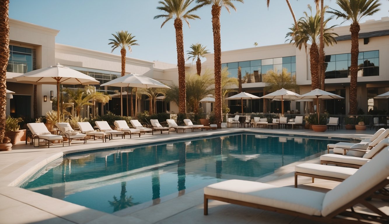 A boutique hotel in Las Vegas, with modern architecture and a luxurious pool area, surrounded by palm trees and stylish outdoor furniture