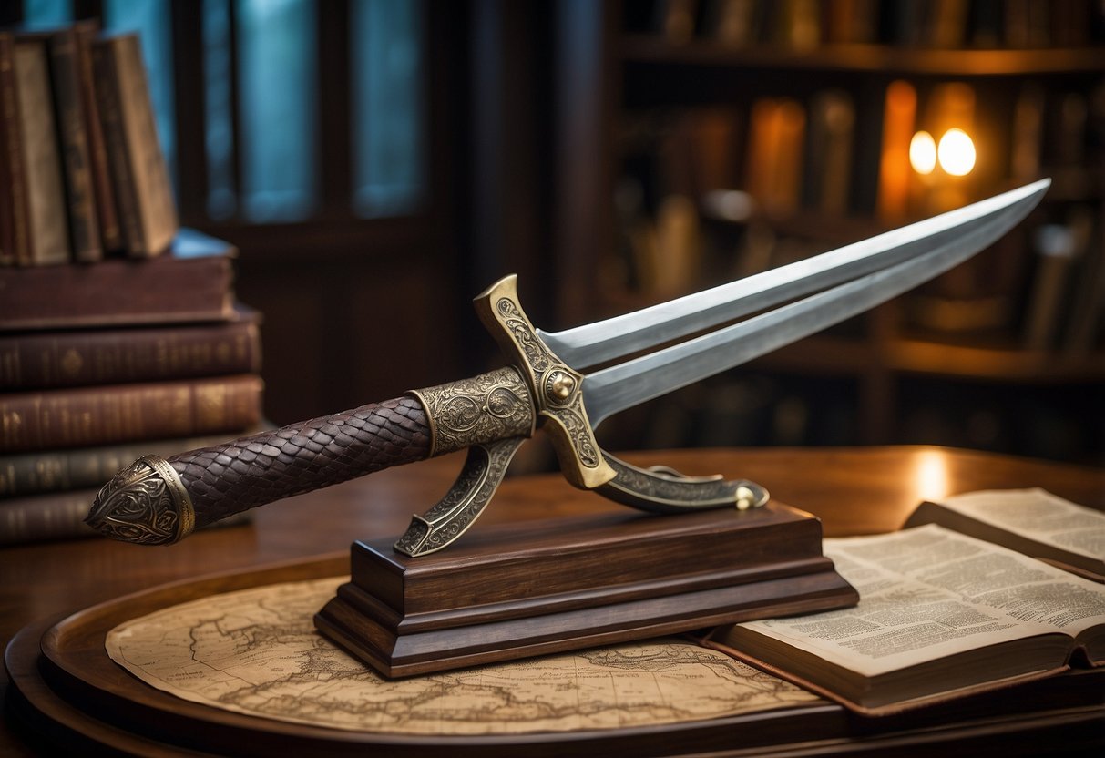 Aragorn's sword rests on a wooden display stand, surrounded by maps, books, and rugged decor. The room exudes a sense of adventure and fantasy