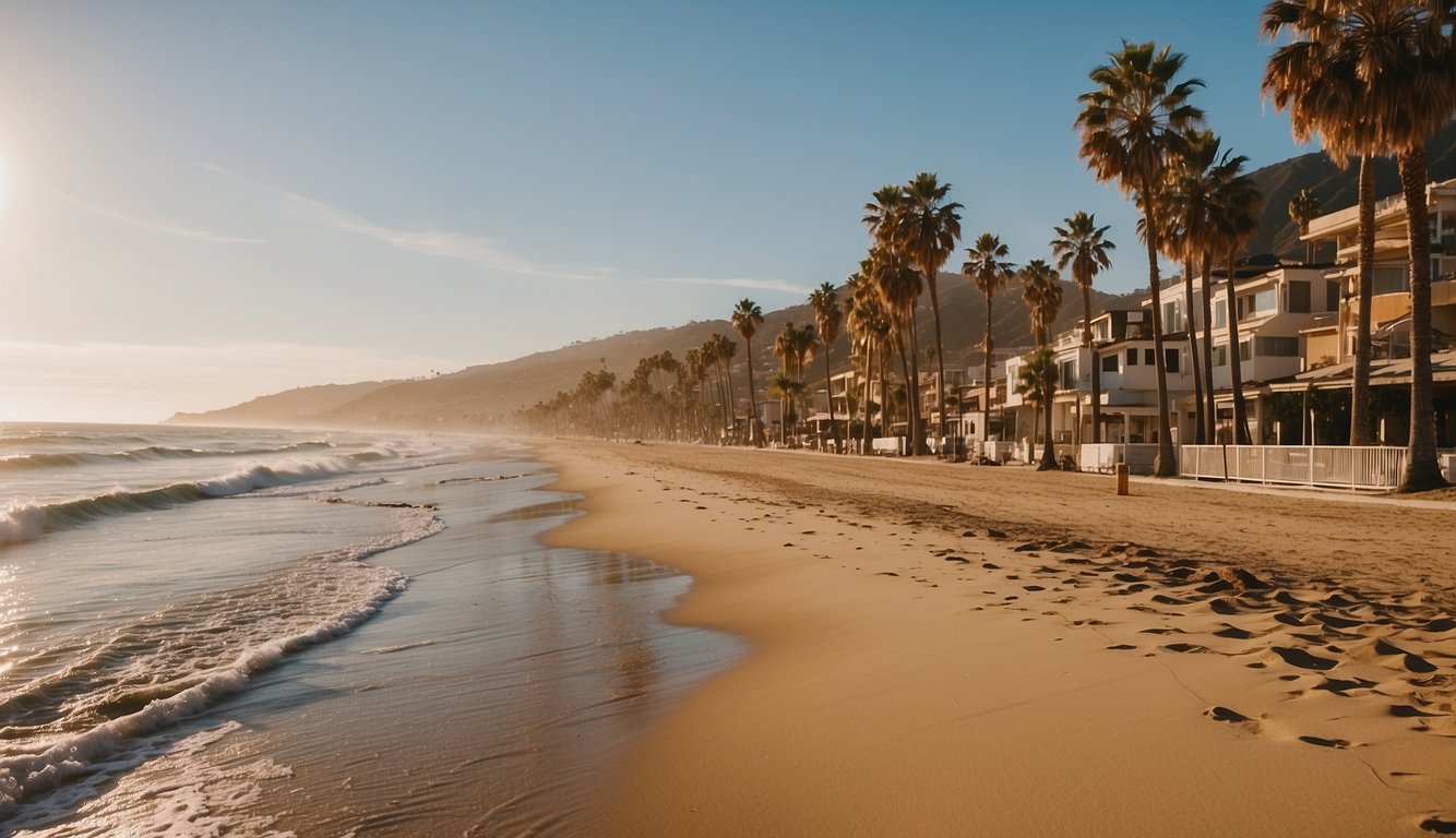 Golden sand stretches along the coastline, kissed by the gentle waves of the Pacific Ocean. Palm trees sway in the ocean breeze, framing the iconic beachfront of Southern California