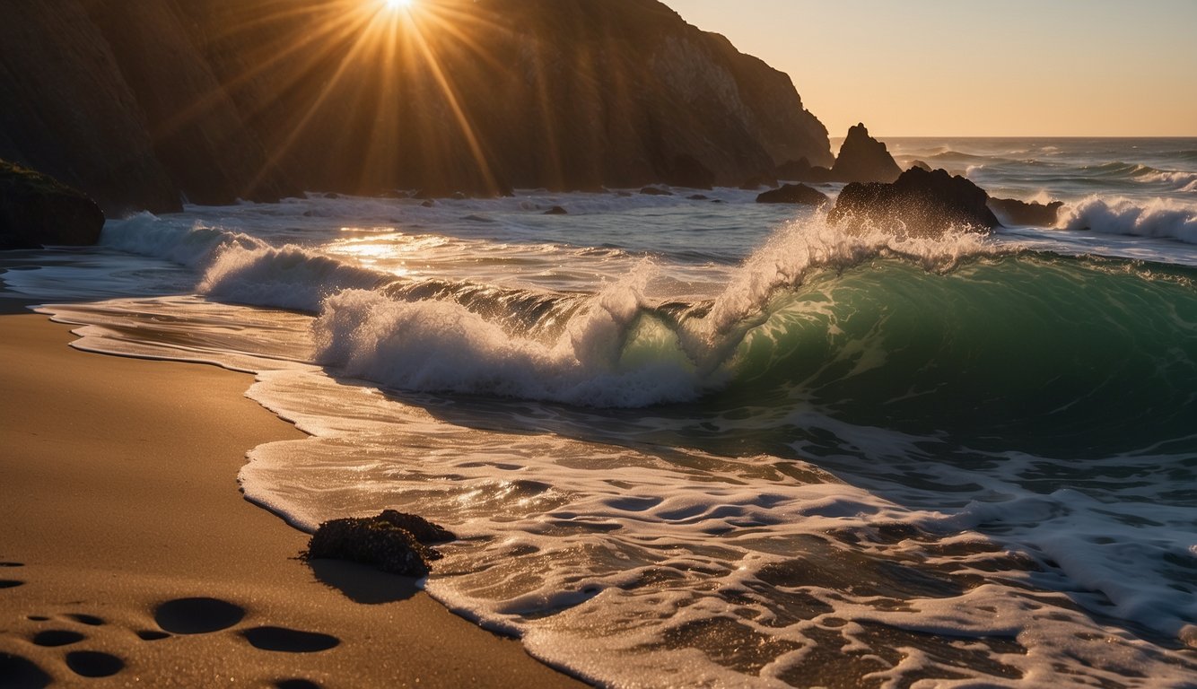 The sun sets over rugged cliffs and golden sands, as waves crash against the shore, creating a picturesque scene of Northern California's top beaches