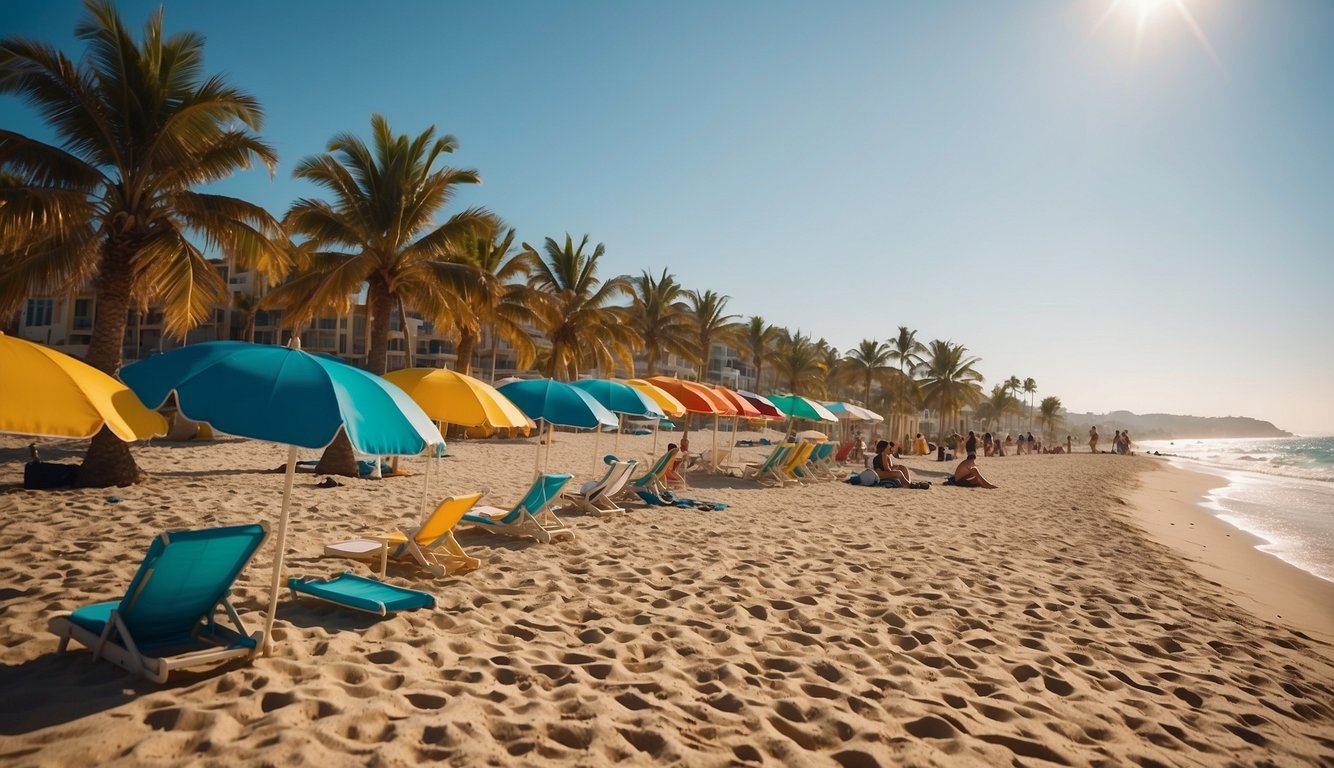 A sunny beach with calm waves, colorful umbrellas, and families playing in the sand. Palm trees line the shore, and a clear blue sky stretches overhead