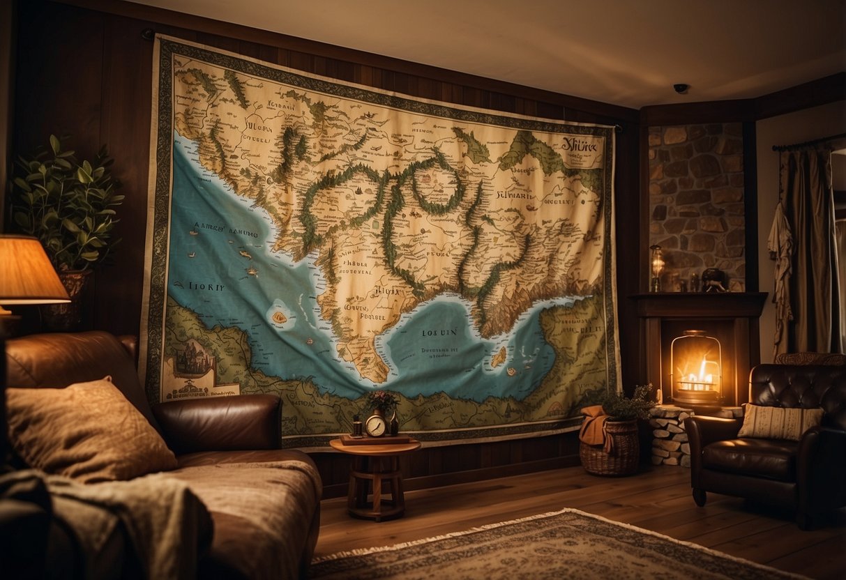 A detailed map of the Shire hangs as a tapestry, surrounded by Lord of the Rings-themed home decor, creating a cozy and adventurous atmosphere