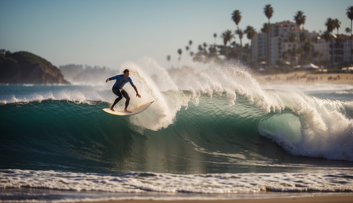 A surfer catches a massive wave at a top California beach, with palm trees in the background and seagulls flying overhead