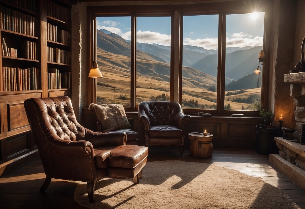 A cozy study with a fireplace, bookshelves, and a map of Middle Earth on the wall. A worn leather armchair sits near a window with a view of rolling hills