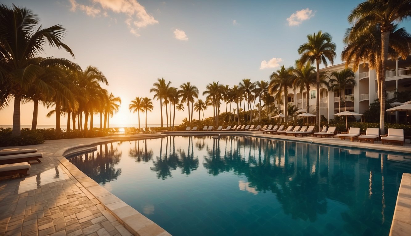 Palm trees line a pristine pool, surrounded by elegant cabanas and lush gardens at a luxury resort in Florida. The sun sets over the ocean, casting a warm glow on the scene