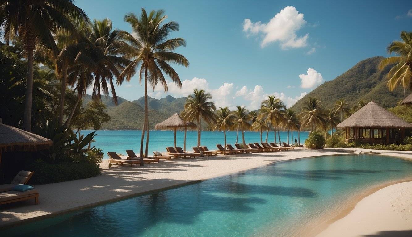 A palm-fringed beach stretches along the turquoise coastline, with opulent resorts nestled among lush tropical gardens and sparkling swimming pools