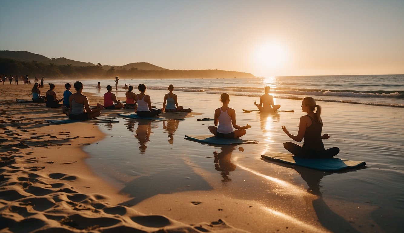 Guests enjoying yoga on a beach at sunrise, a couple kayaking in crystal-clear waters, and families building sandcastles on a pristine shore