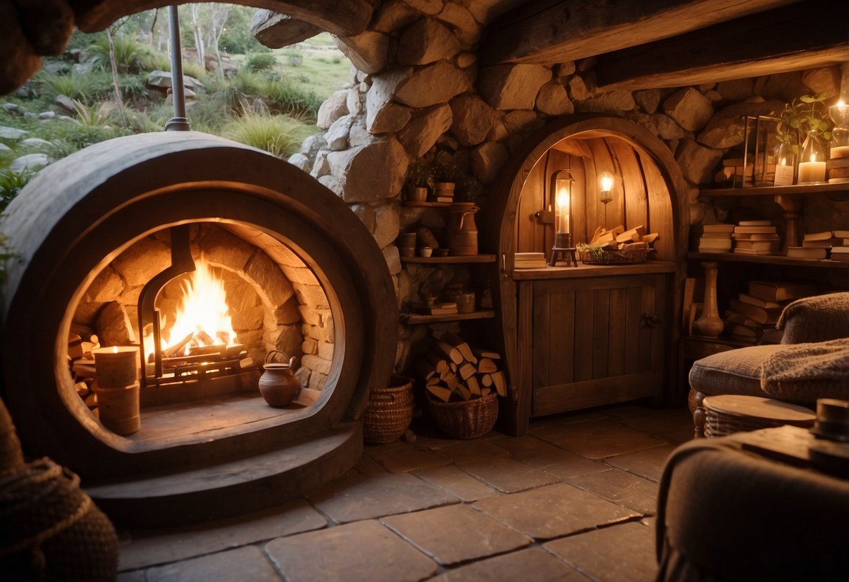 A cozy hobbit hole with round doors, wooden beams, and earthy tones. A fireplace crackles, casting a warm glow over maps of Middle-earth and shelves of books