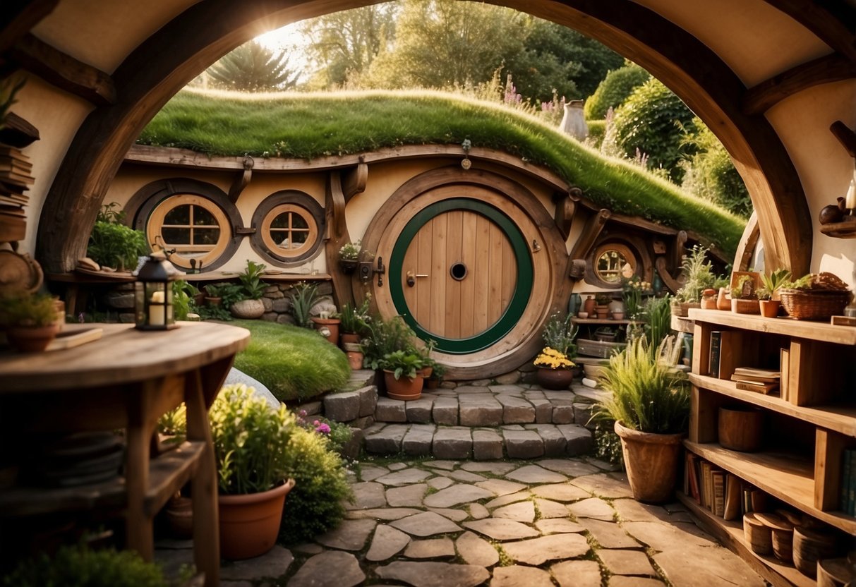 A cozy hobbit hole with round windows, a lush green garden, and a rustic wooden door adorned with intricate carvings. The interior features warm earthy tones, a crackling fireplace, and shelves filled with books and trinkets