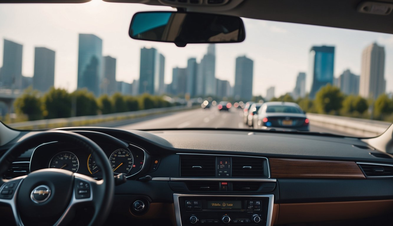 A car driving on a busy highway with tall buildings in the background, a gas station and a toll booth in the distance