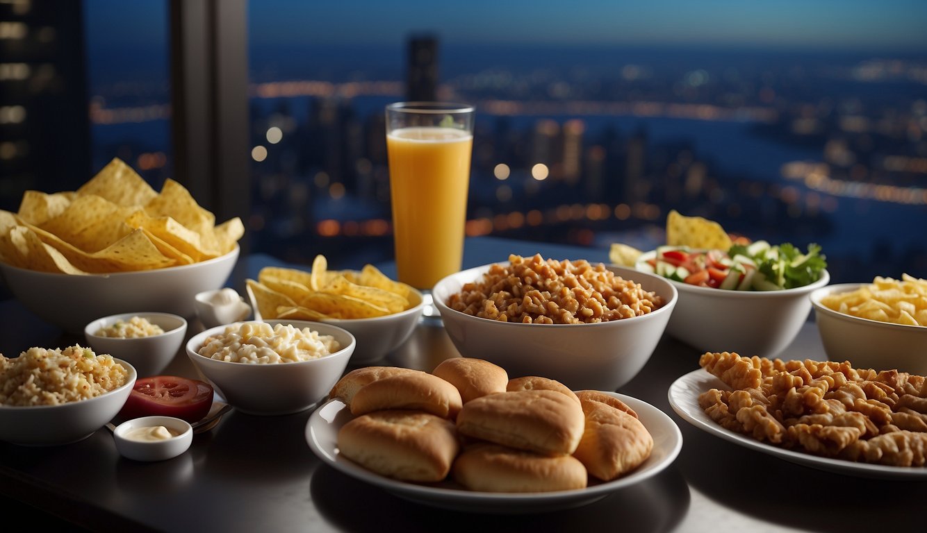 A table with a spread of American foods, surrounded by tickets to concerts, movies, and sporting events, set against a backdrop of city skyscrapers