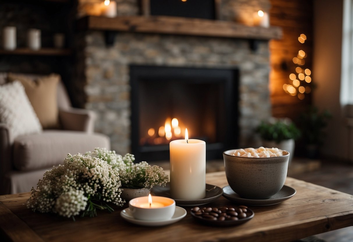 A cozy living room with soft, warm lighting, plush pillows and blankets, and a crackling fireplace. A vase of fresh flowers sits on a rustic coffee table, adding a touch of natural beauty to the space