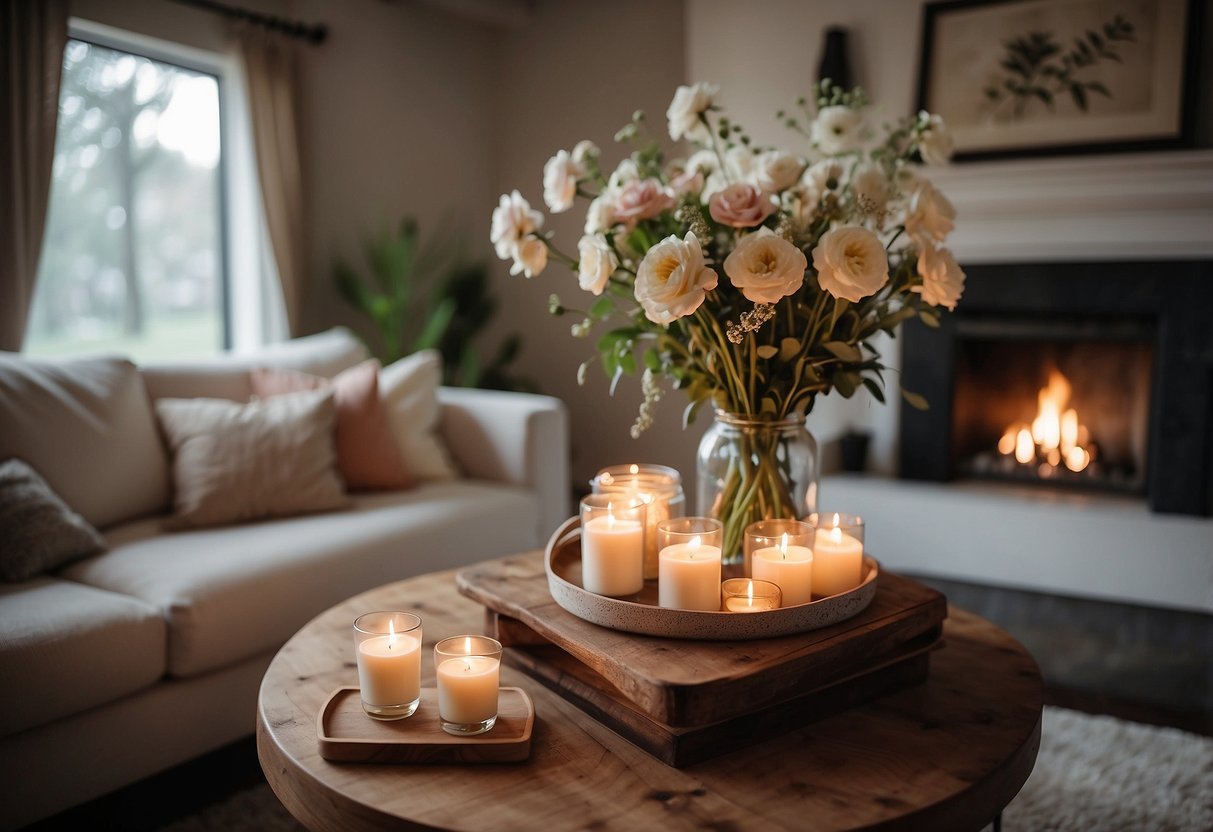 A cozy living room with soft lighting, a fireplace, and a comfortable couch adorned with plush pillows and a warm throw blanket. A vase of fresh flowers sits on a rustic coffee table, adding a touch of romance to the space