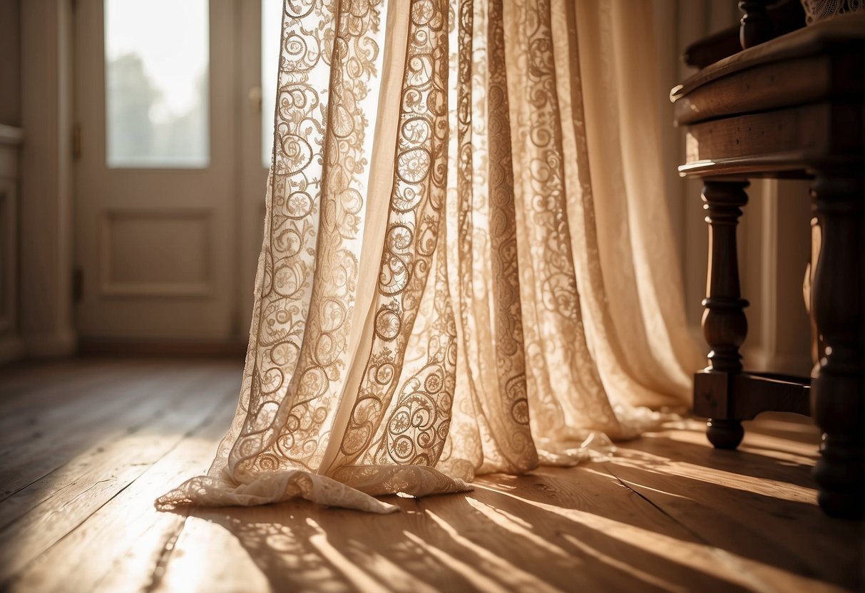 Sunlight filters through delicate lace curtains, casting intricate patterns on the polished wooden floor. The room is adorned with vintage furniture and soft, pastel-colored accents, creating an elegant and romantic atmosphere