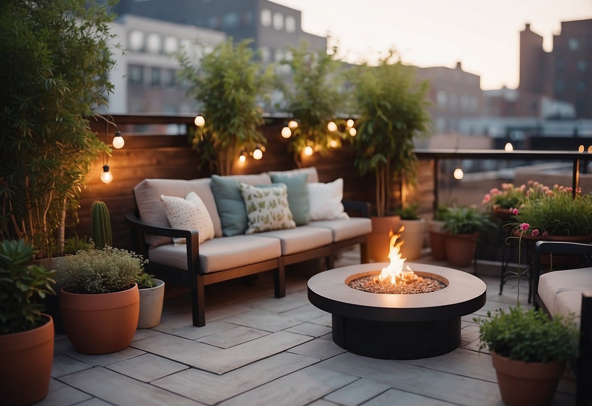 A rooftop adorned with cozy outdoor furniture, string lights, potted plants, and a small fire pit, creating a welcoming and stylish outdoor living space