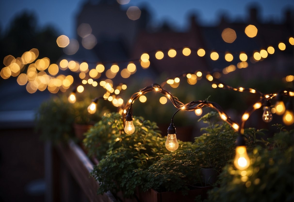 A rooftop adorned with fairy string lights, creating a warm and cozy atmosphere