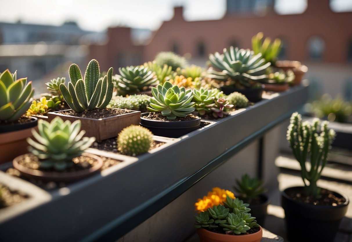 A rooftop adorned with various potted succulents, arranged in a visually pleasing manner, creating a serene and inviting atmosphere