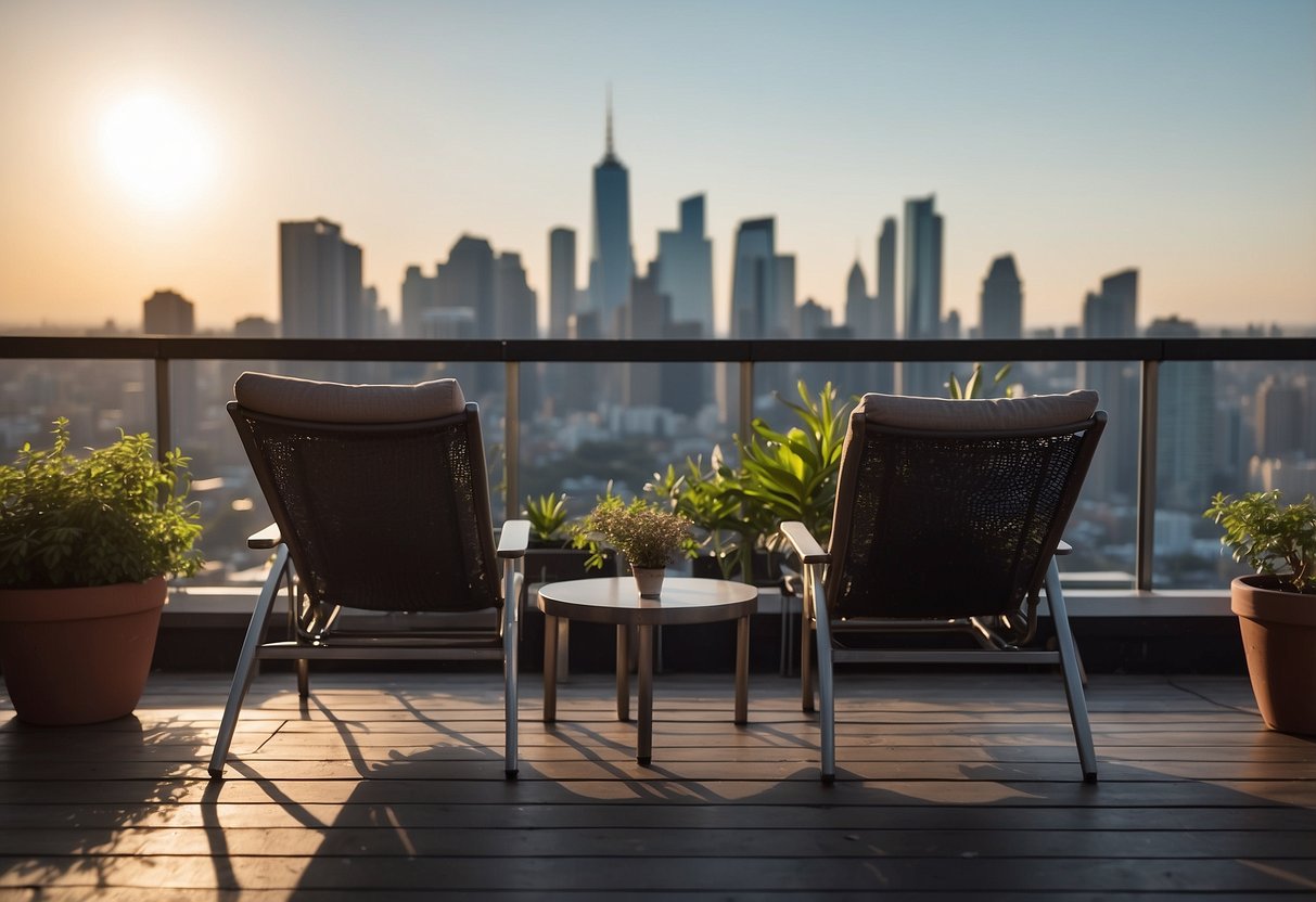 Two lounge chairs facing a city skyline on a rooftop terrace. A small table between them with a potted plant