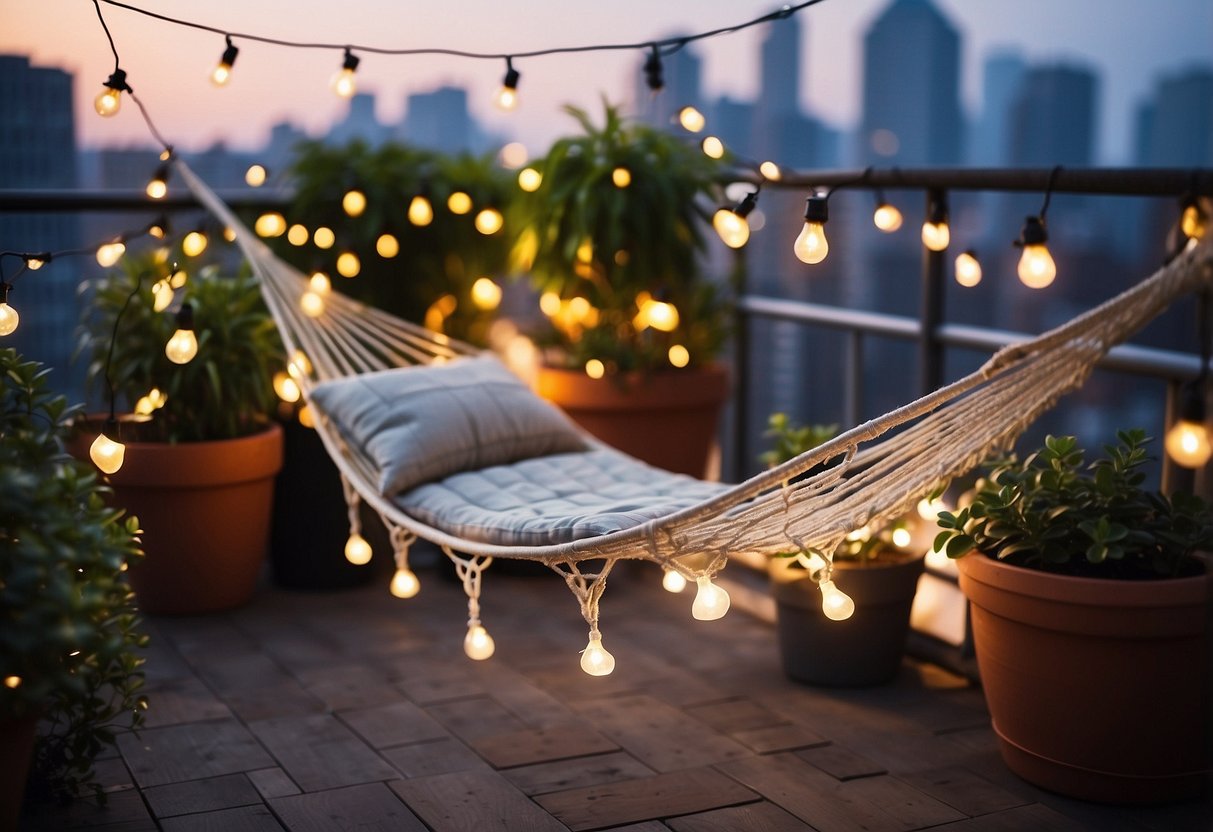 A hammock suspended between two potted plants on a rooftop, with string lights and cozy throw pillows