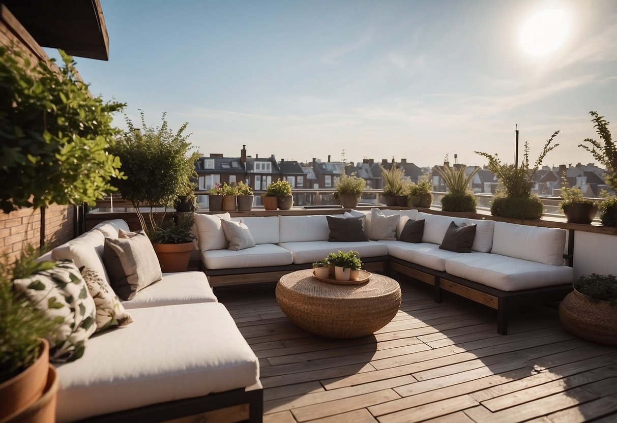 A rooftop adorned with weatherproof cushions, creating a cozy and inviting outdoor space