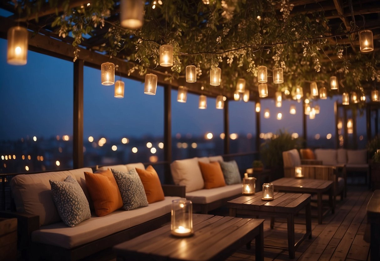 A rooftop adorned with hanging lanterns and cozy seating, creating a warm and inviting atmosphere