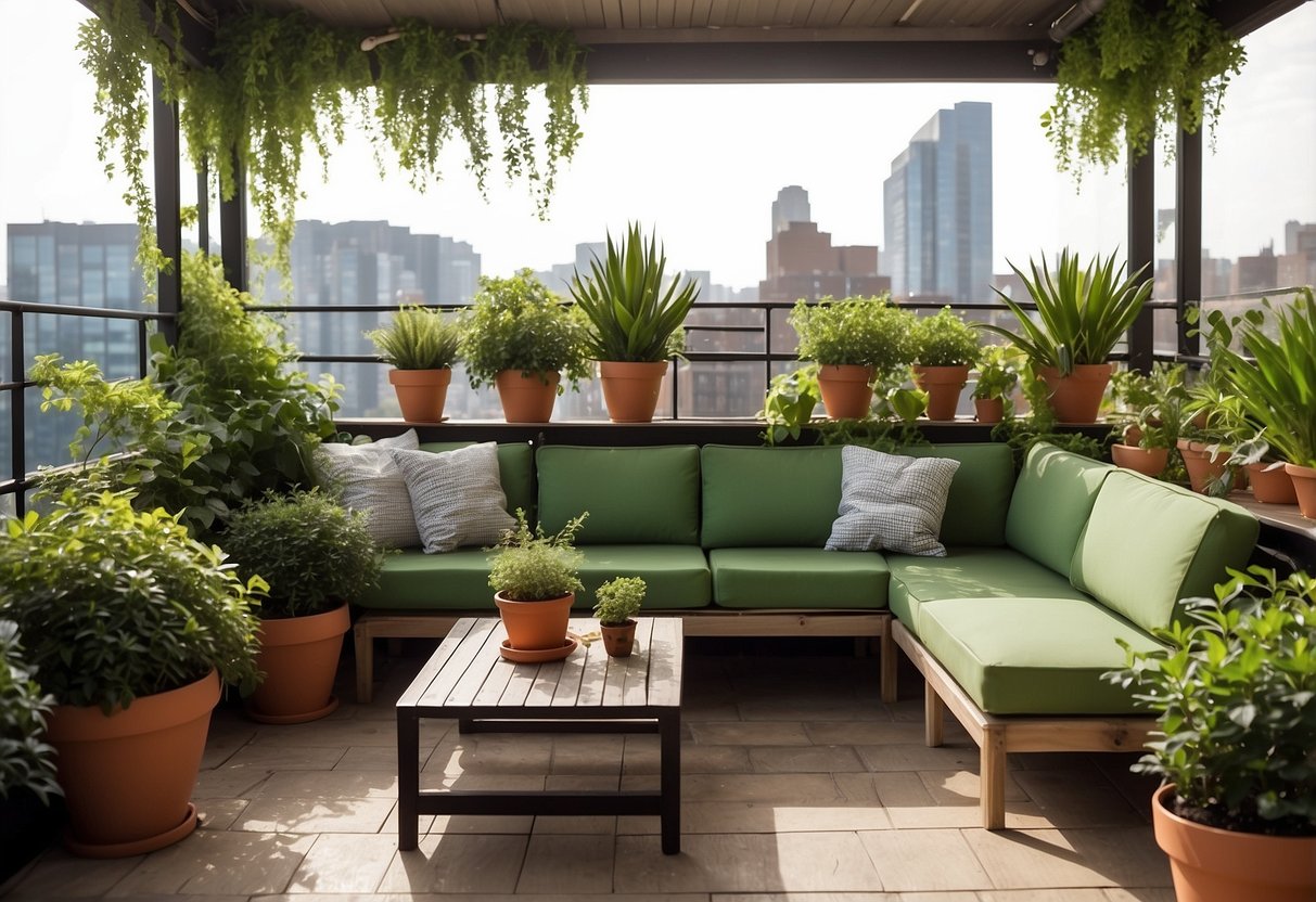 A rooftop adorned with potted plants, hanging vines, and a lush garden. A cozy seating area with green cushions and a small table