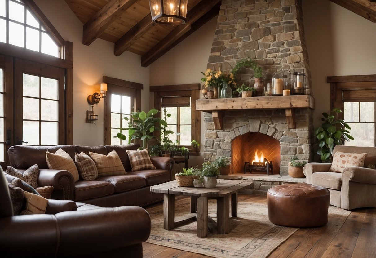 A cozy rustic living room with a stone fireplace, wooden beams, plaid throw pillows, and a distressed leather sofa. A large reclaimed wood coffee table sits in the center, surrounded by vintage lanterns and potted plants