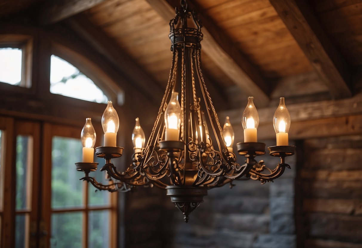 A large wrought iron chandelier hangs from the wooden ceiling, casting a warm glow over the cozy rustic living room