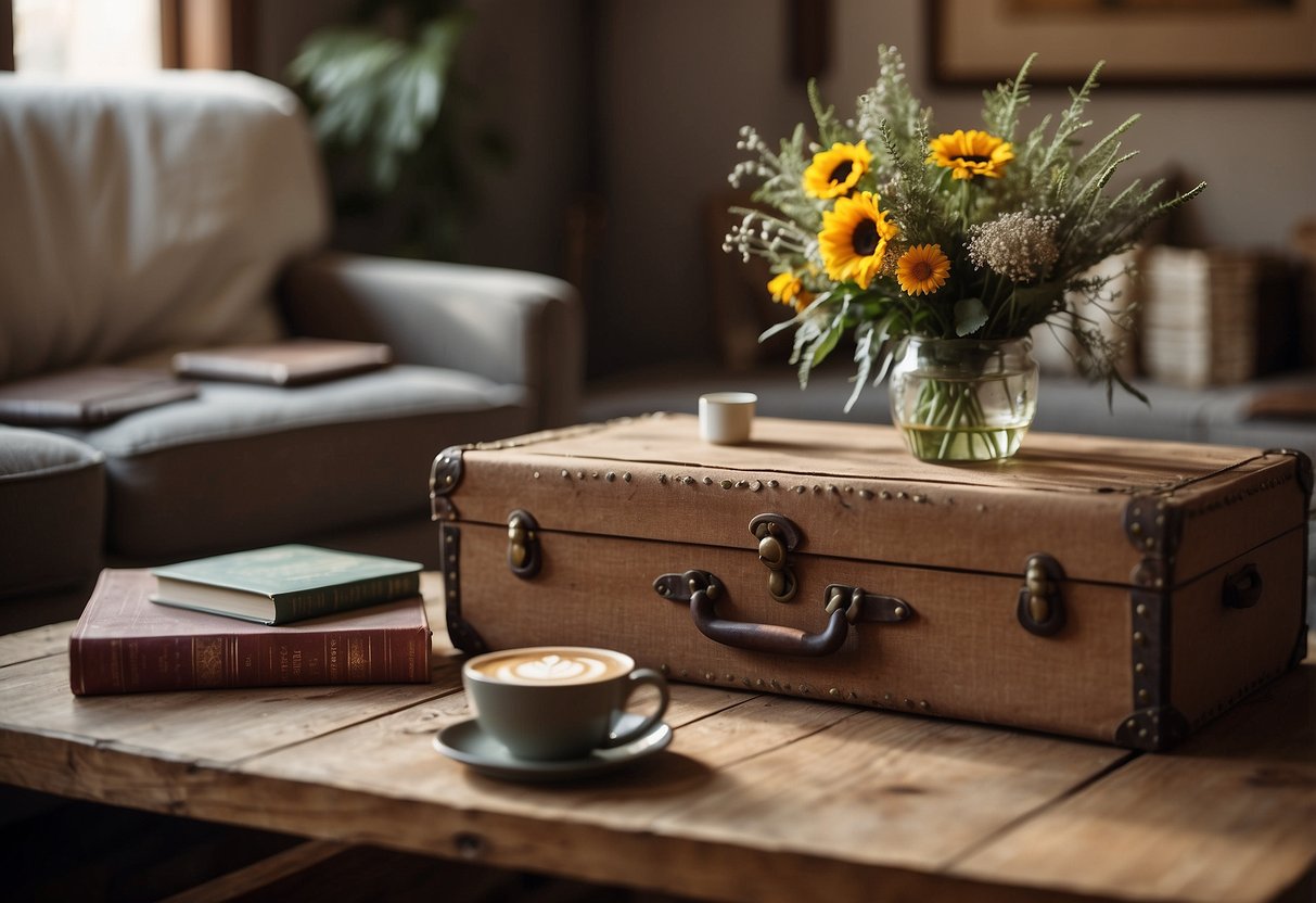 A vintage trunk sits as a coffee table in a cozy rustic living room, adorned with a vase of dried flowers and a stack of old books