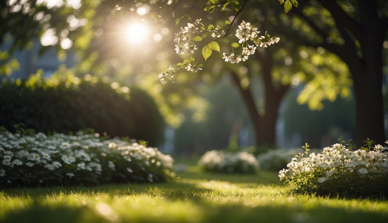 A serene garden with blooming flowers and lush greenery, a gentle breeze rustling the leaves. Sunlight filters through the trees, casting dappled shadows on the ground