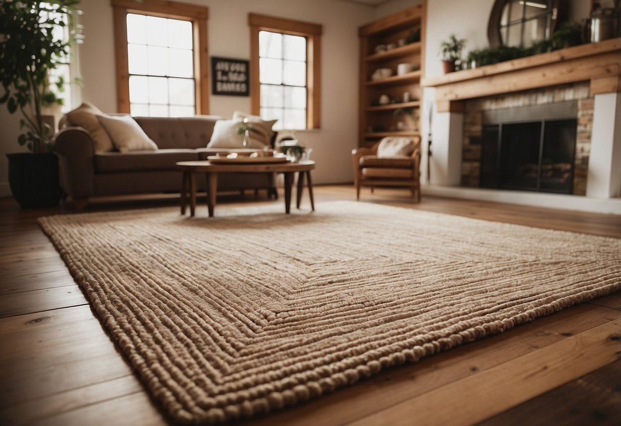 A cozy farmhouse-style area rug anchors a rustic living room, with warm earth tones and a simple, classic design