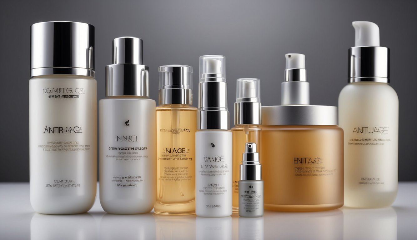 A variety of skincare products arranged on a clean, white surface, with labels indicating "anti age" for different skin types