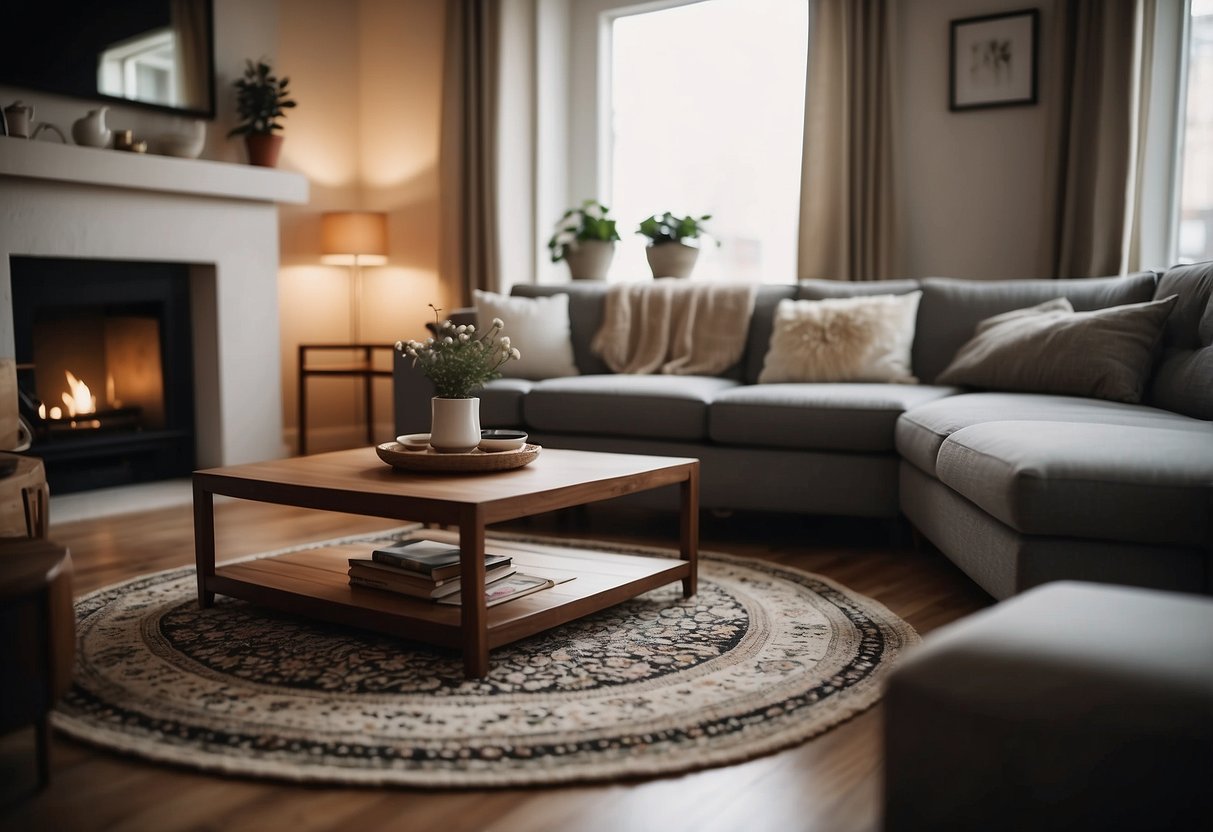 A cozy living room with a patterned rug under a coffee table, surrounded by stylish furniture and warm lighting