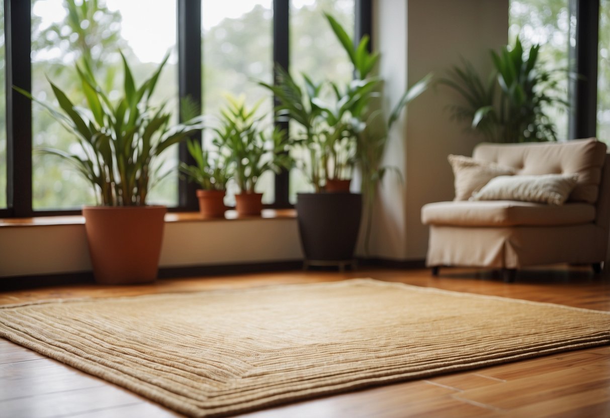 A bamboo rug lies on a hardwood floor, surrounded by potted plants and natural light streaming through a window