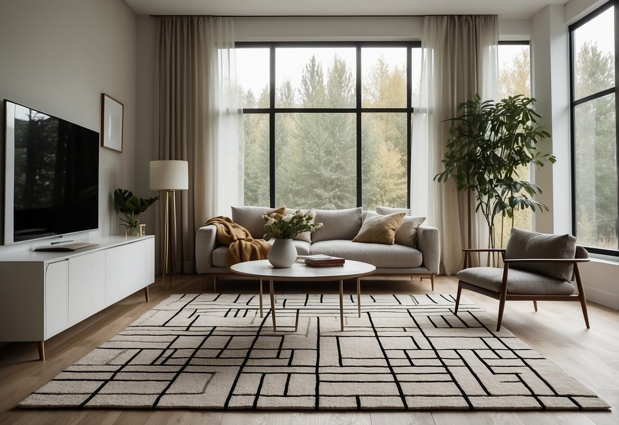 A modern living room with geometric pattern rugs, clean lines, and minimalist decor