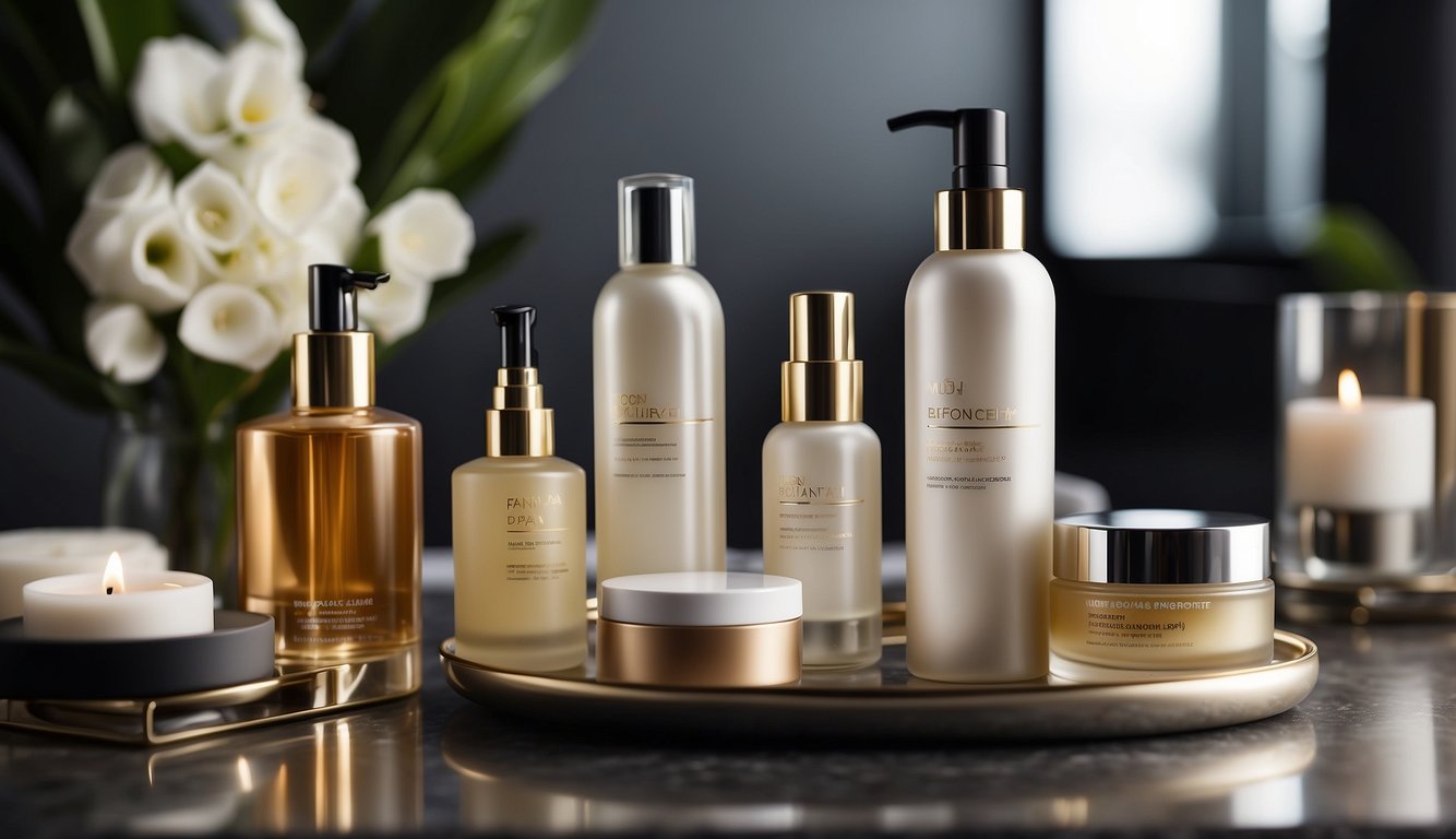 A luxurious skincare routine with advanced anti-aging products displayed on a sleek vanity table